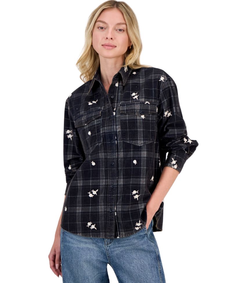 Women's Plaid Long-Sleeve Cord-Embroidered Button-Up Shirt
