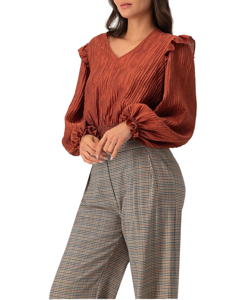 Women's V-Neck Smocked Blouse with Ruffle Sleeves
