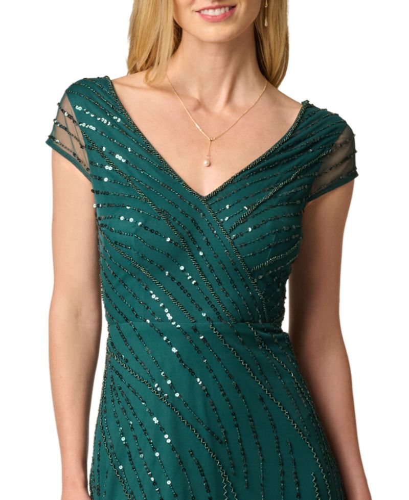 Women's Beaded Cap-Sleeve V-Neck Midi Dress