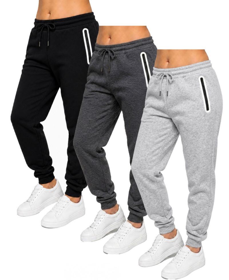 Women's Loose-Fit Fleece-Lined Jogger With Heat Seal Zipper Side Pockets-3 Pack