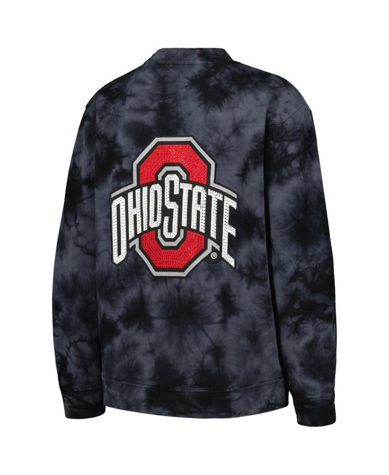 Women's Black Ohio State Buckeyes Jeweled Tie-Dye Button-Up V-Neck Sweater