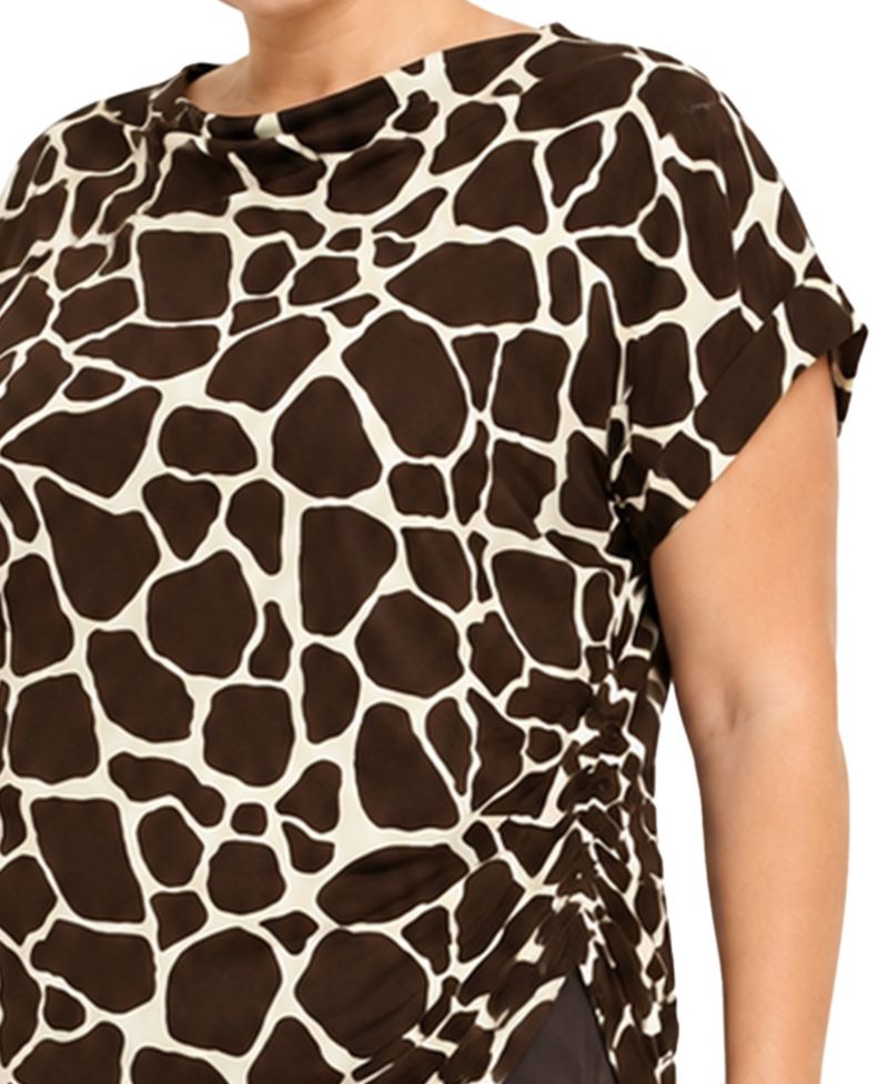 Plus Size Giraffe-Print Cowl-Neck Rolled-Short-Sleeve Top