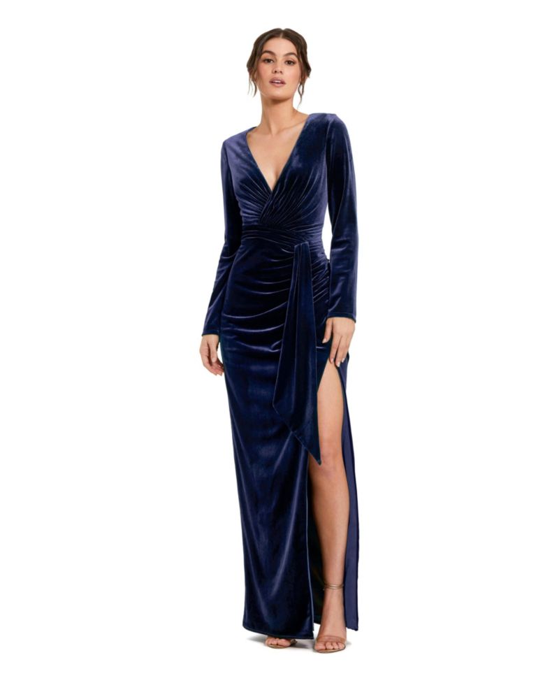 Women's Velvet Long-Sleeve V-Neck Gown