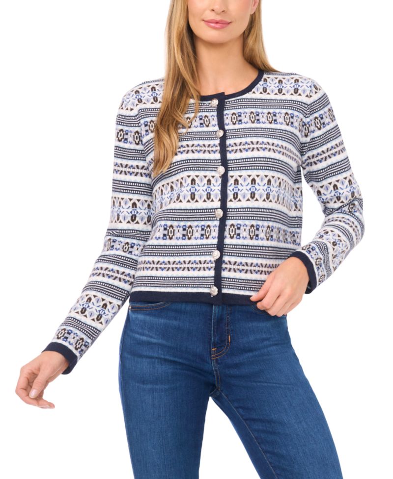 Women's Striped Crewneck Cardigan Sweater