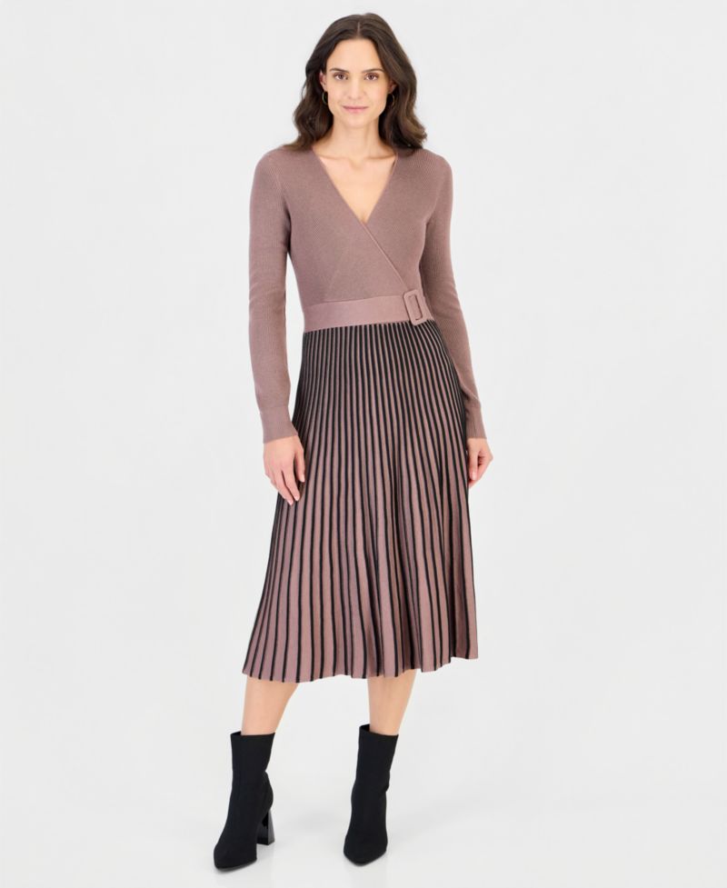 Petite Two-Tone Belted Sweater Dress
