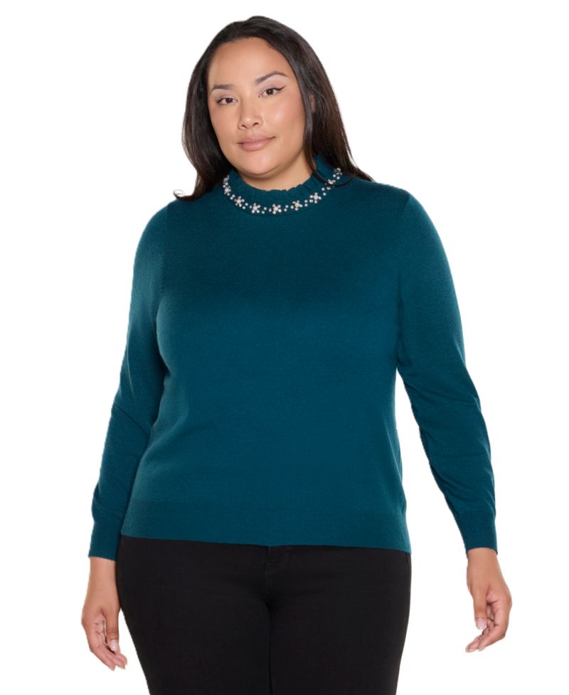 Plus Size Mock Neck Long-Sleeve Embellished Sweater