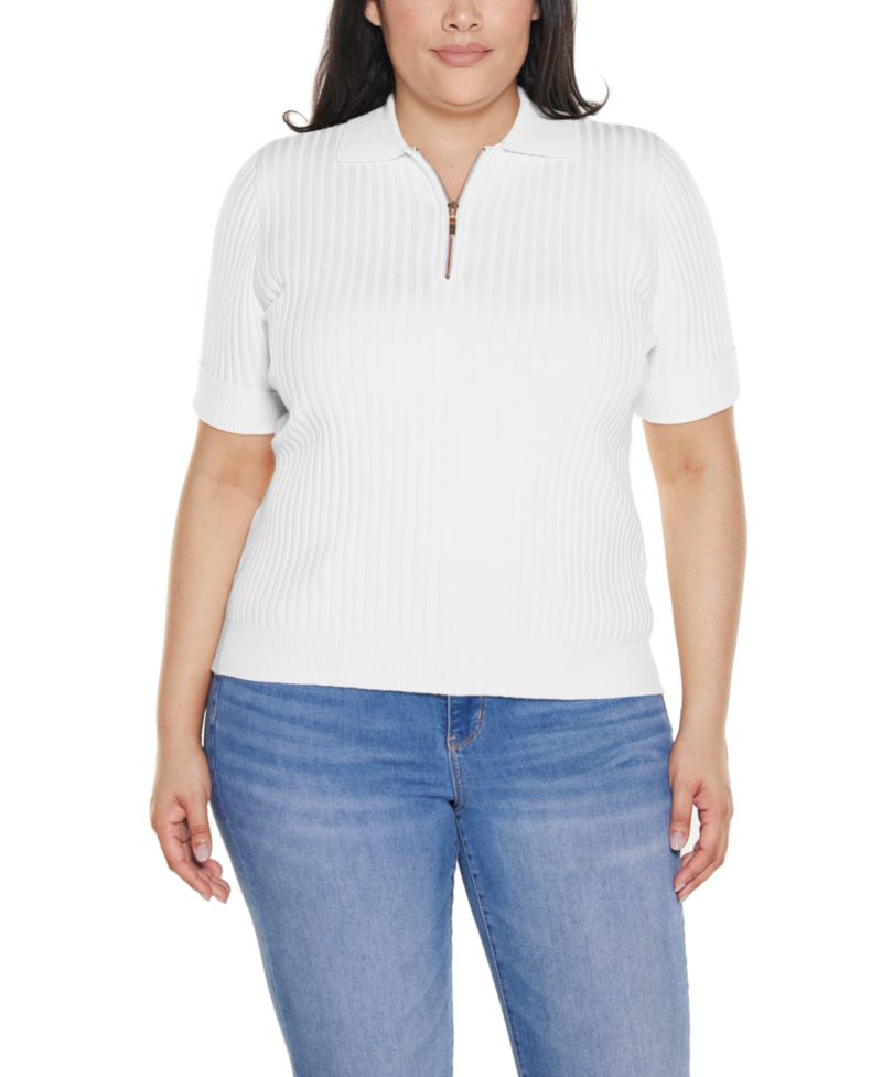 Plus Size Collared Quarter-Zip Ribbed-Knit Sweater