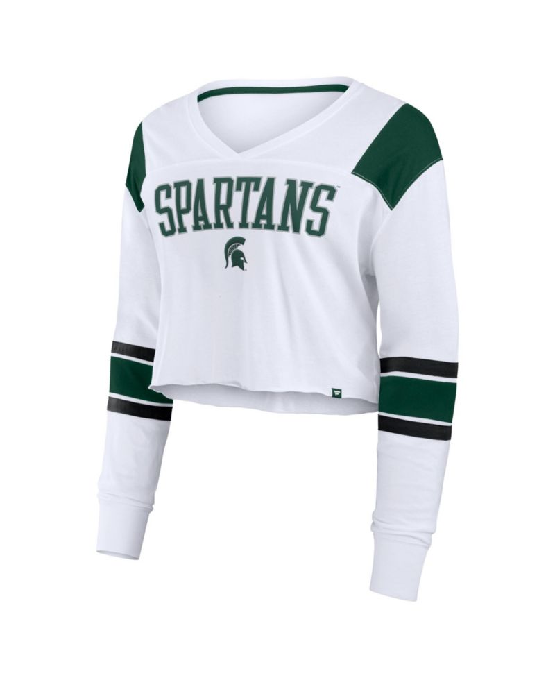 Women's White Michigan State Spartans Training Camp Cropped Long Sleeve V-Neck Fashion Top