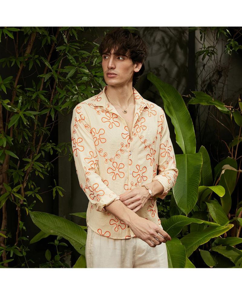 Men's Peach Orange Flora-Weave Shirt