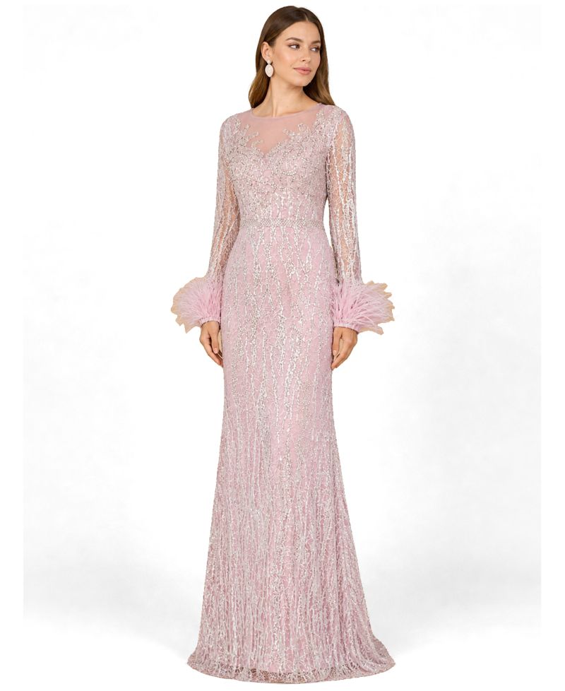 Women's Long Sleeve Sheath Gown with Feathers