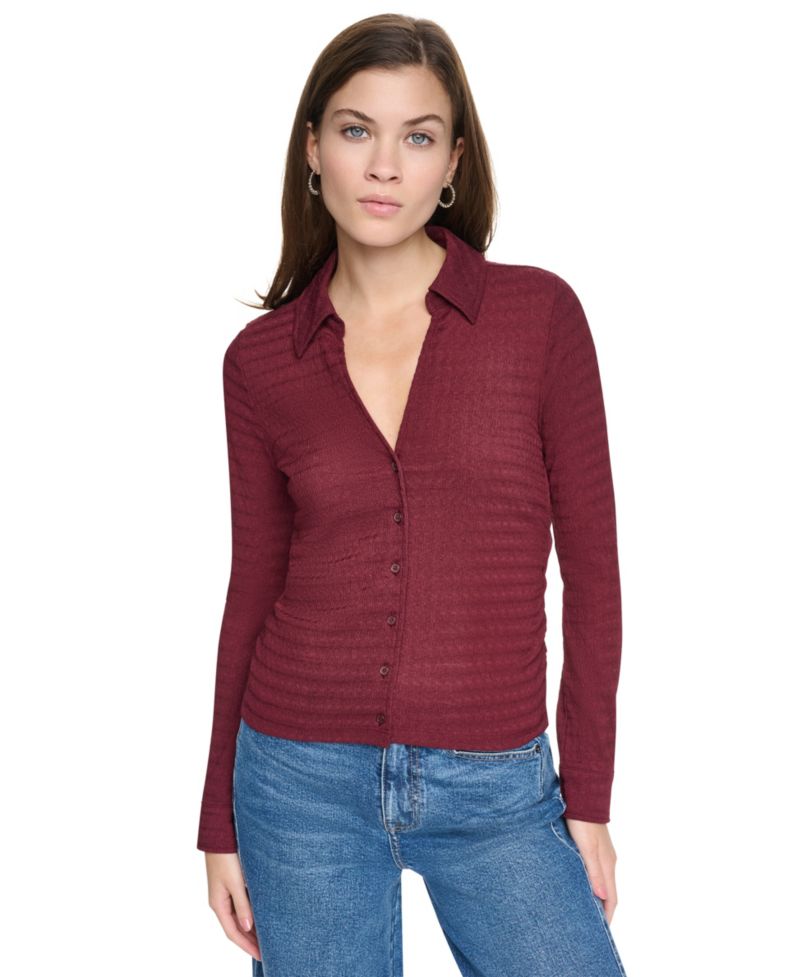 Petite Textured Knit Button Front Top