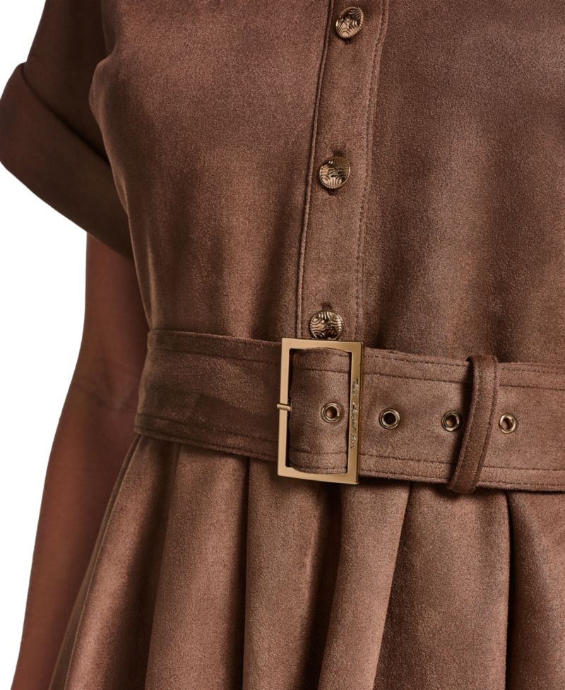 Women's Faux Suede Belted Shirtdress