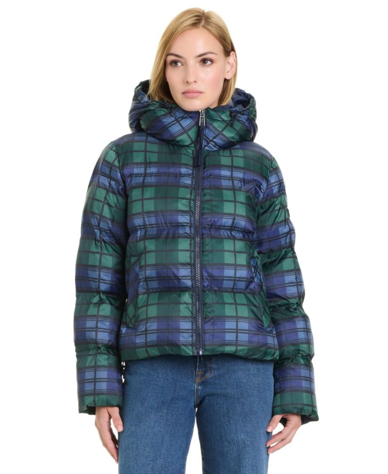 Women's Hooded Plaid Cropped Puffer Jacket