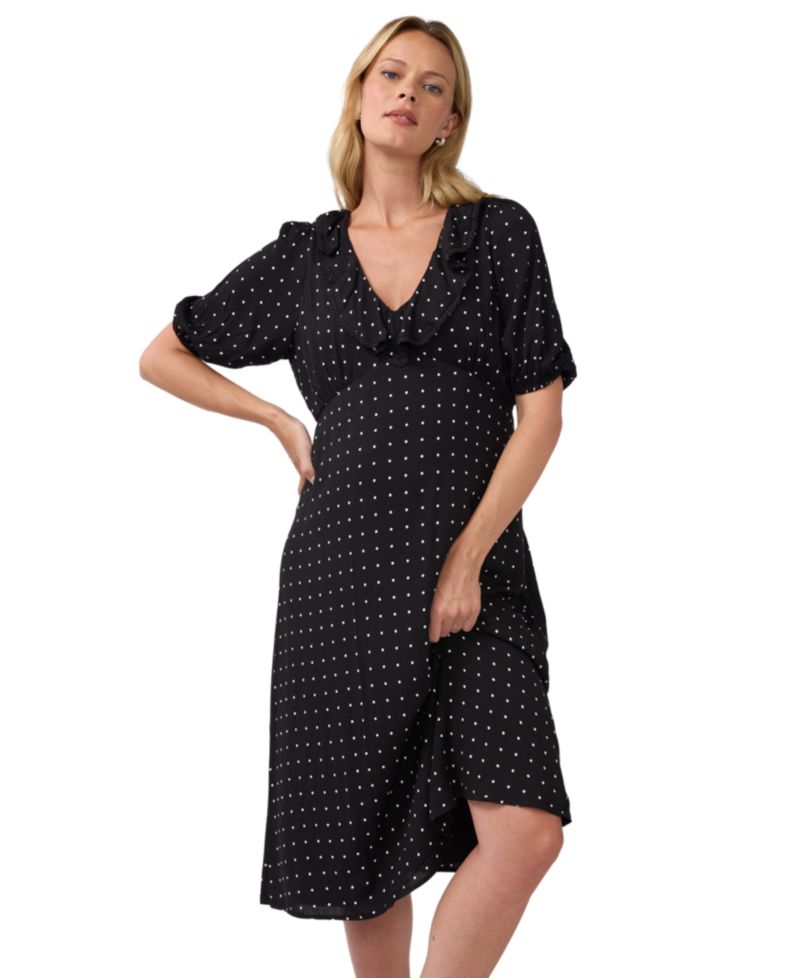 Maternity Polka-Dot Ruffle V-Neck Puff-Sleeve Midi Dress