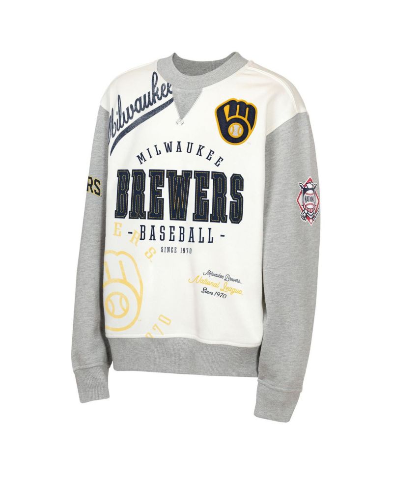 Big Boys and Girls Cream/Gray Milwaukee Brewers Big League Power Hit Fleece Sweatshirt
