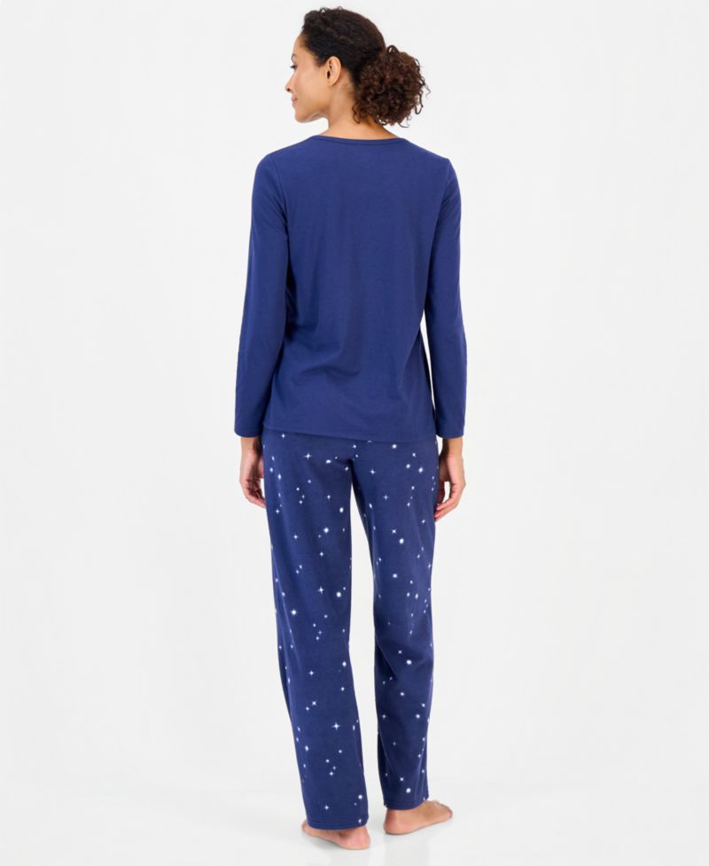 Women's Long-Sleeve Cotton-Blend Top and Fleece Pajama Pants Set