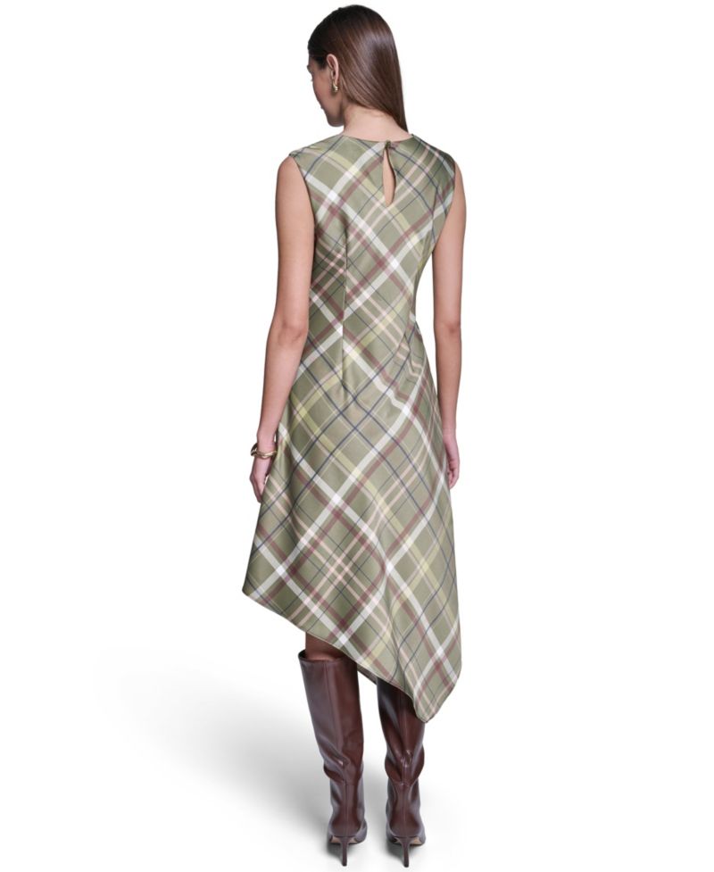 Women's Cowl Neck Plaid Asymmetrical Midi Dress