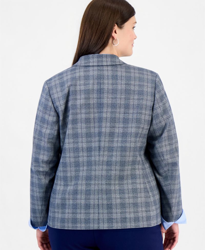 Plus Size Faux Double-Breasted Plaid Patch-Pocket Blazer
