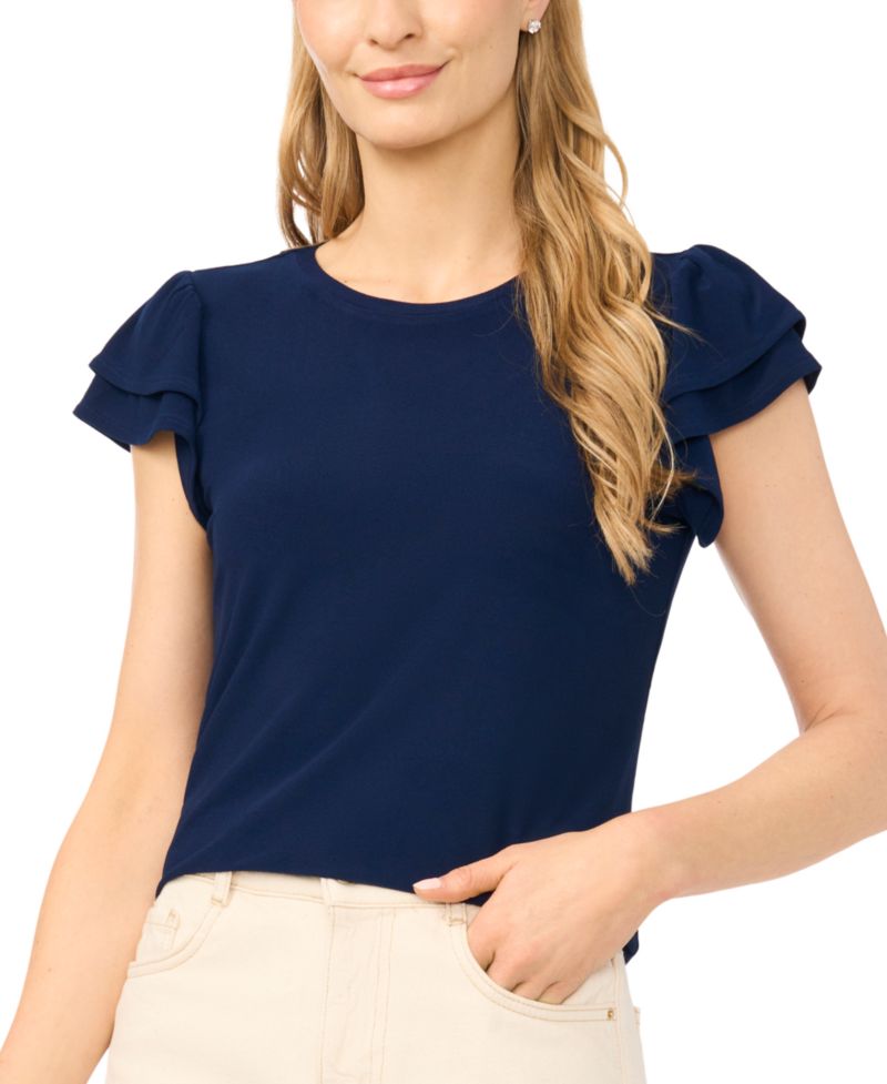 Women's Double Ruffle-Sleeve Crewneck Top