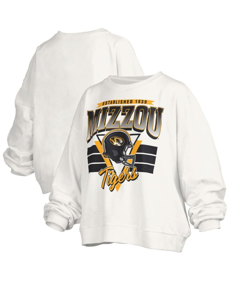 Women's White Missouri Tigers Oversized Janice Retro Waist-Length Pullover Sweatshirt