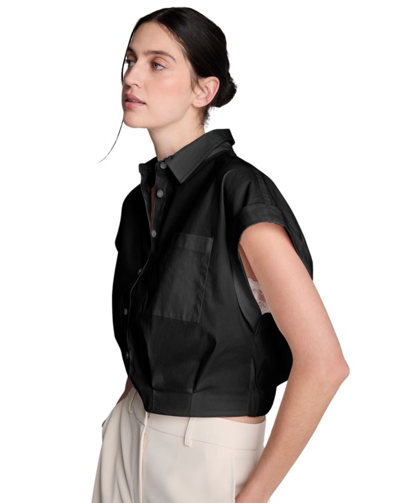 Women's Short-Sleeve Button-Front Collared Cropped Shirt