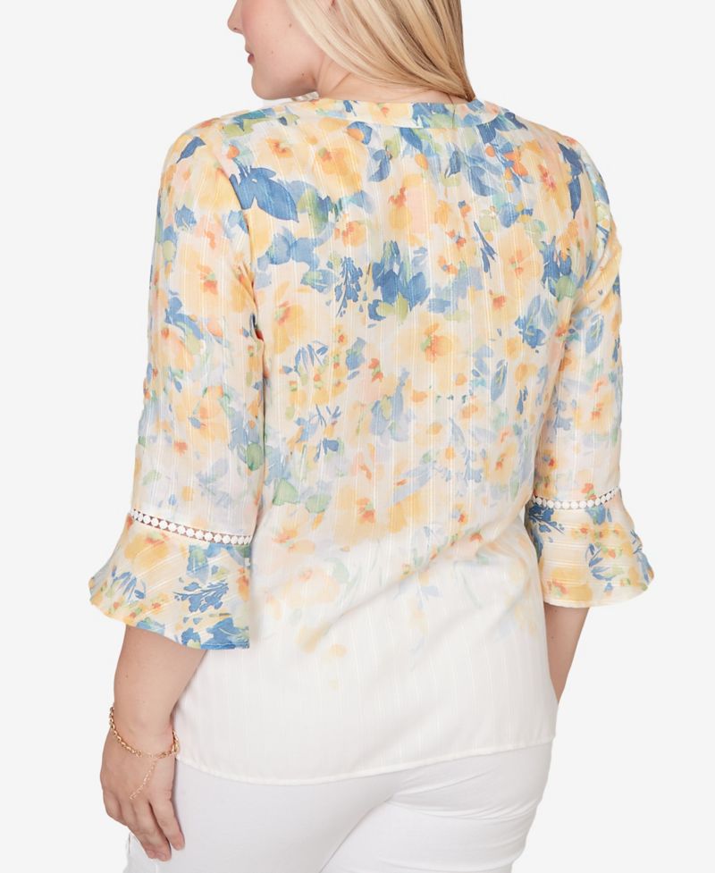Women's Out of the Blue Falling Floral Three-Quarter-Sleeve Top