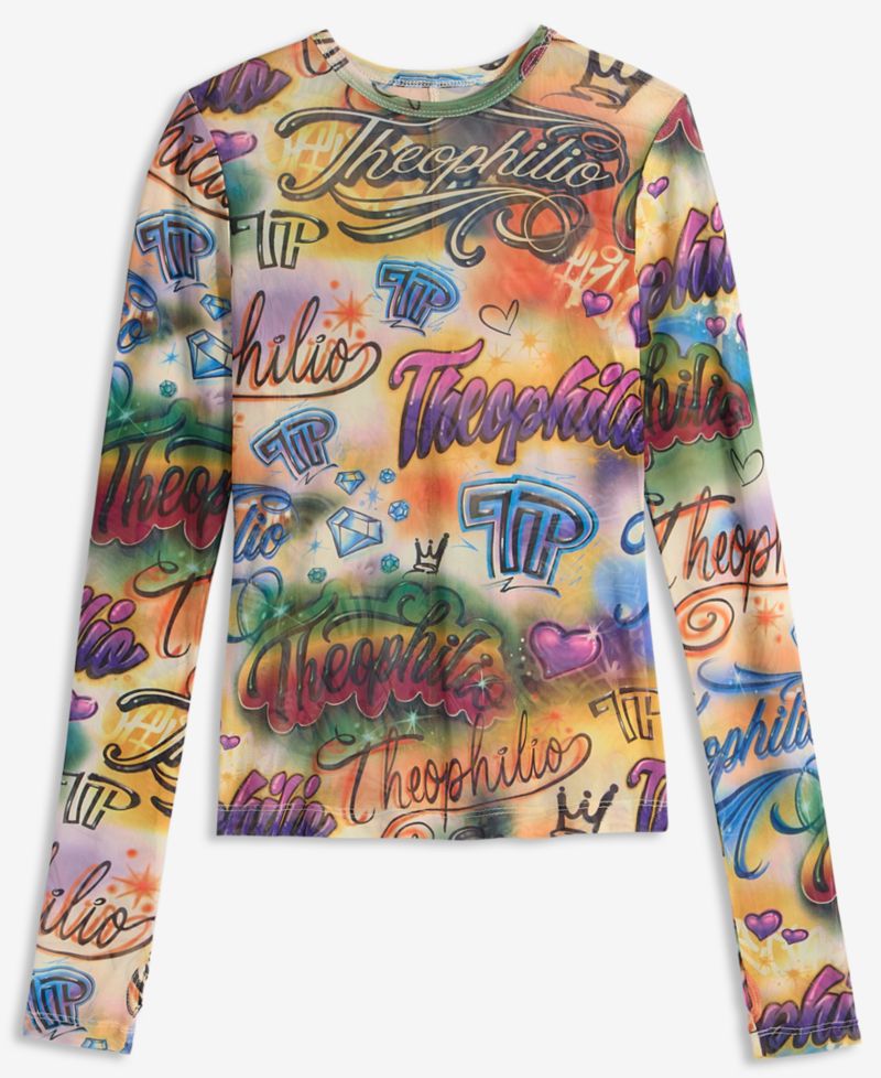 Women's Graffiti Print Sheer-Mesh Long-Sleeve Top