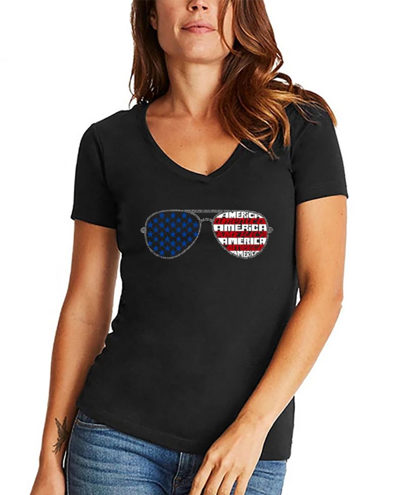 Women's Americana Sunglasses Word Art V-Neck T-Shirt