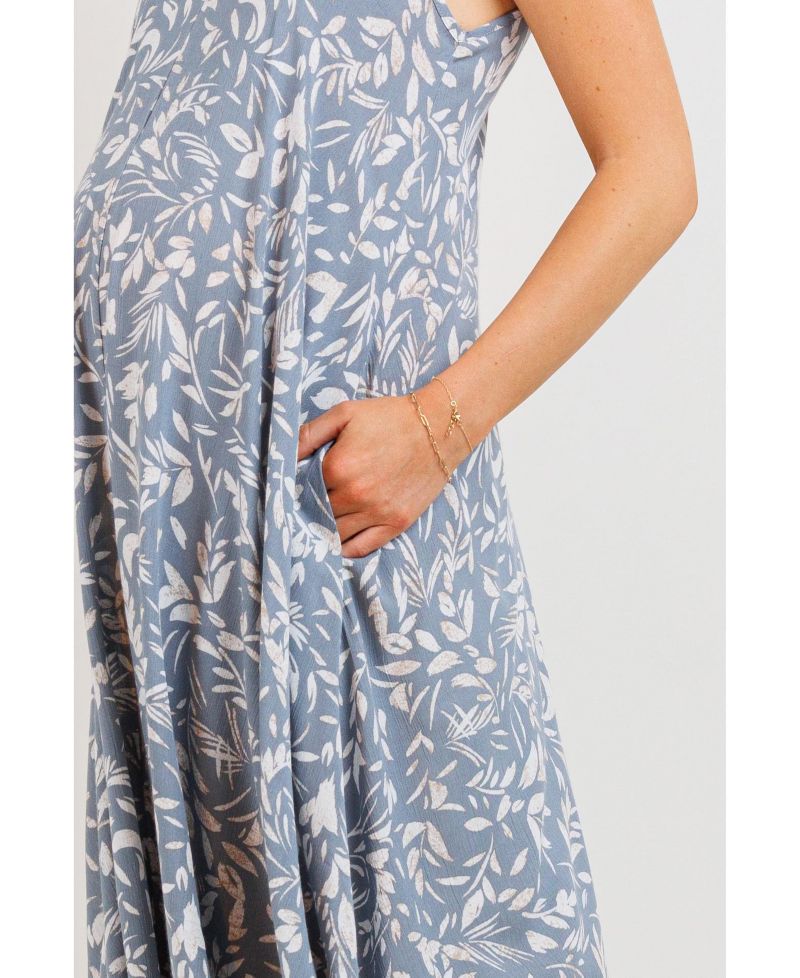Women's Floral V-Neck Spaghetti Strap Midi Dress with Pockets