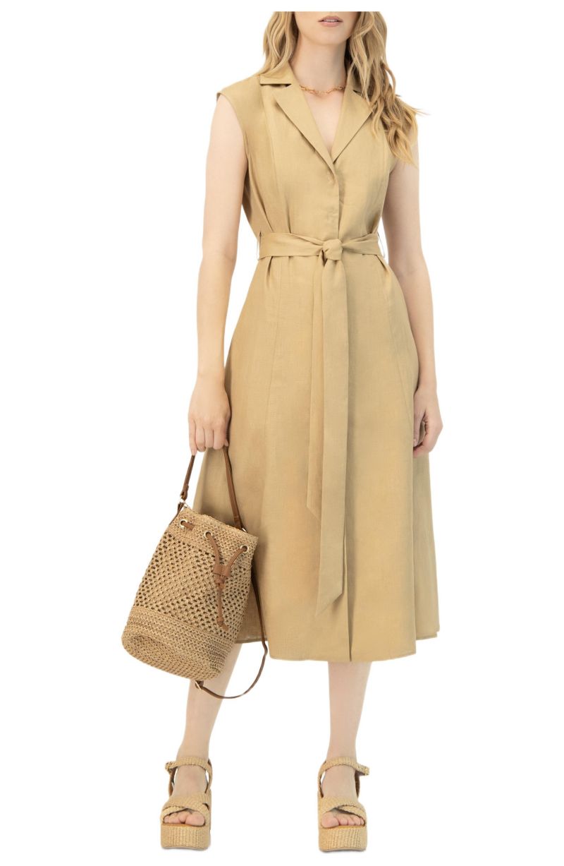 Women's Long Linen Dress with Waist Tie