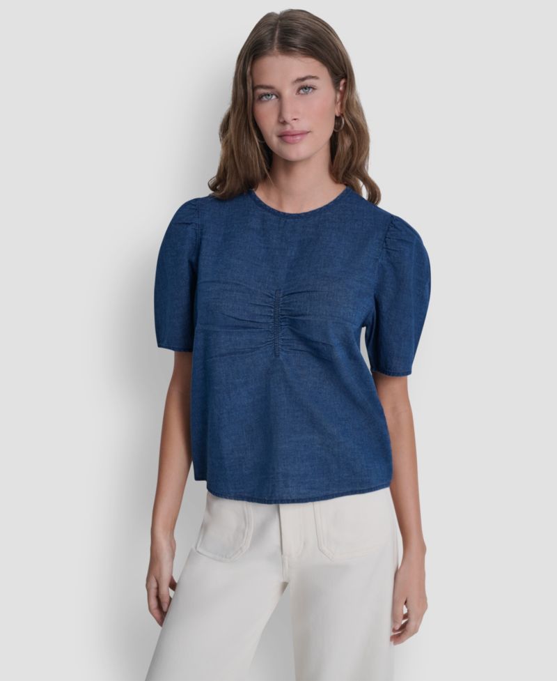 Petite Puff Short-Sleeve Crew Neck Ruched Shirt