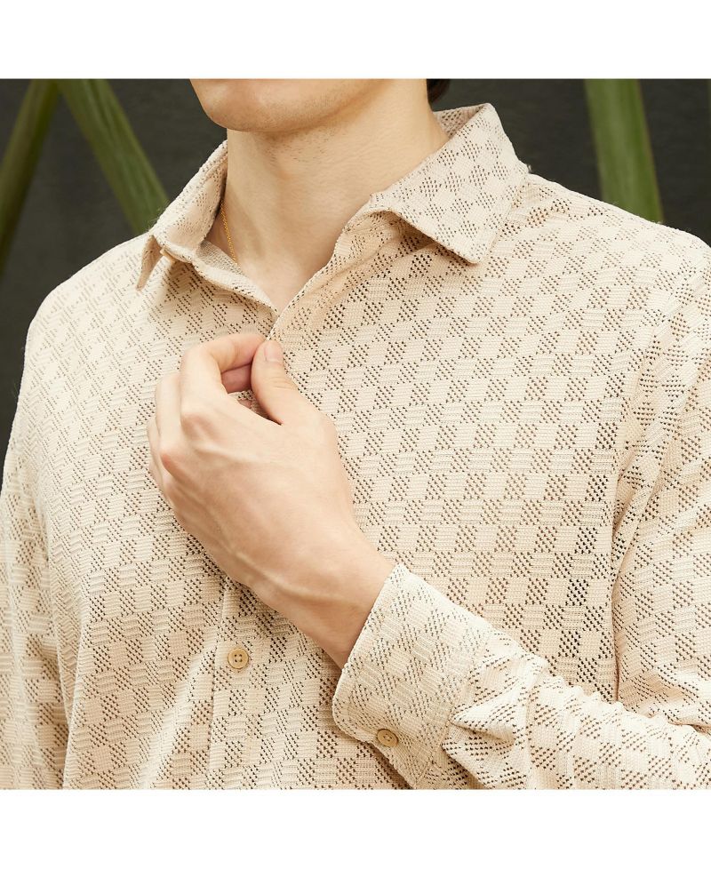 Men's Saltbox Beige Checkered-Textured Shirt
