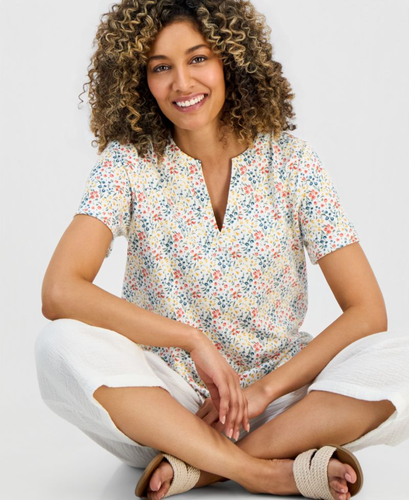 Petite Floral-Print Short-Sleeve Split-Neck Yoke Top