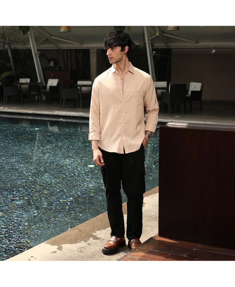 Men's Ecru Beige Solid Relaxed Shirt