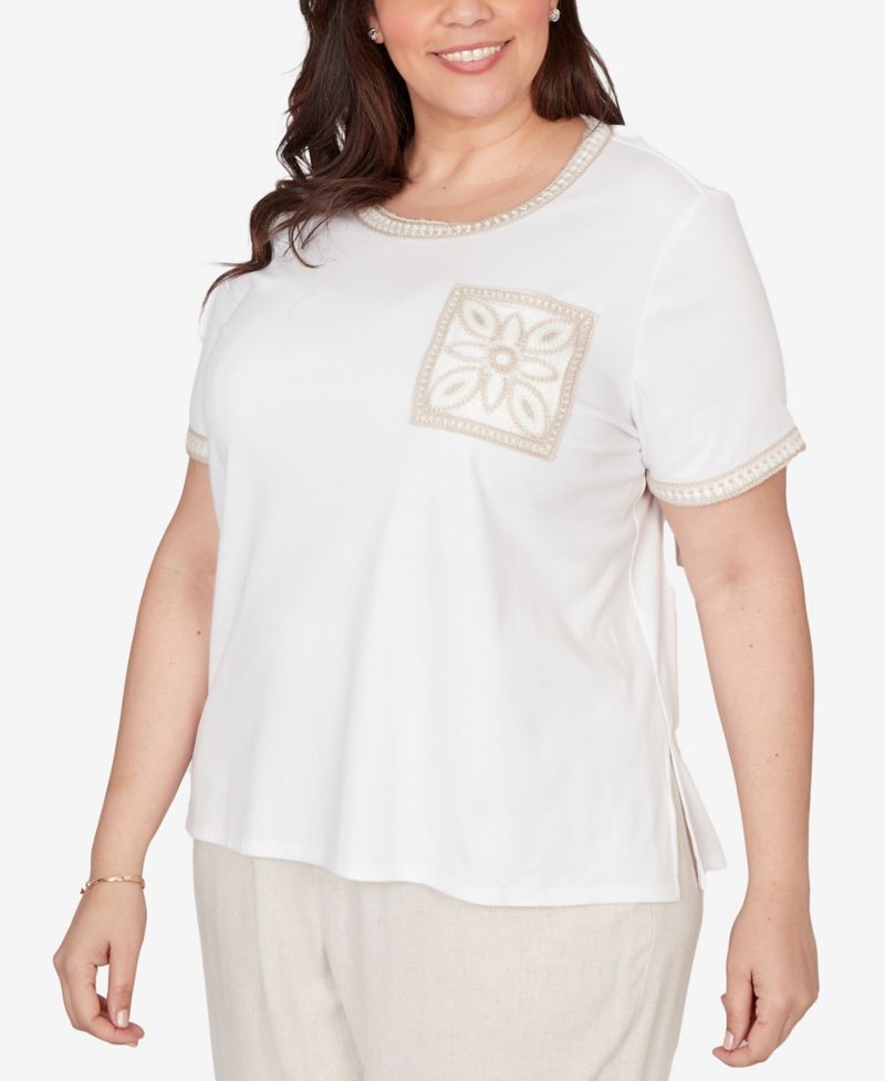 Plus Size Natural Wonder Crochet Pocket Short-Sleeve T-Shirt