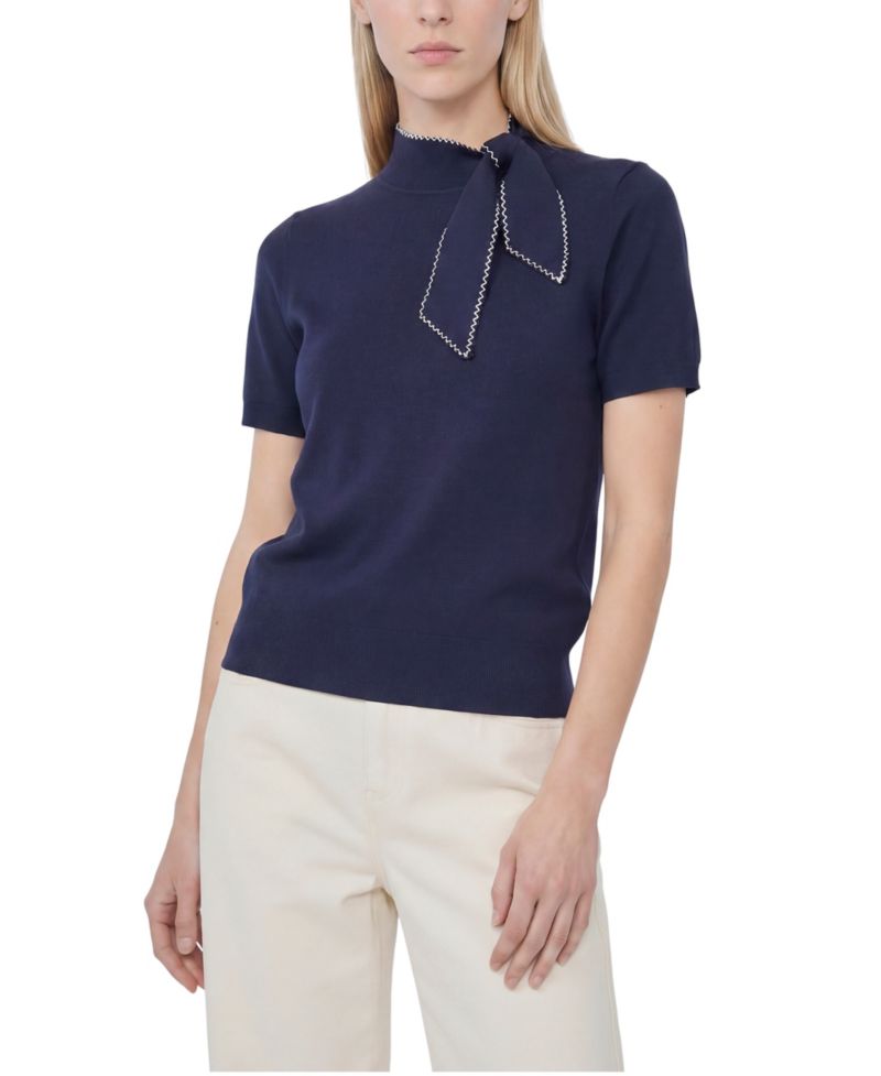 Women's Short-Sleeve Mock-Neck Scarf-Tie-Neck Sweater