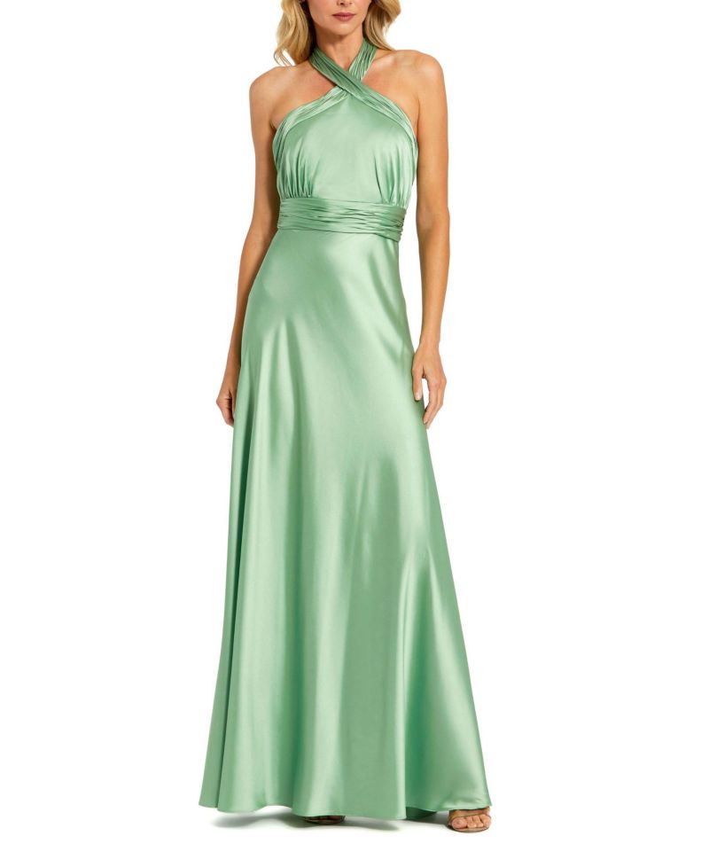 Women's Ruched Halter Neck Tie Back Satin Gown