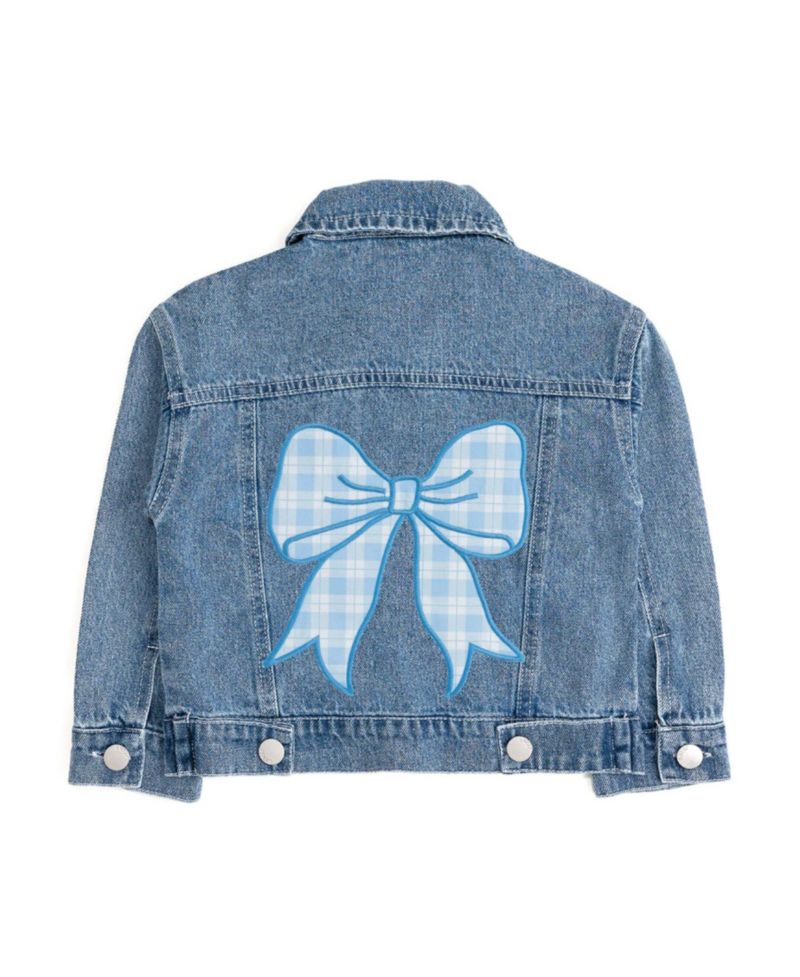 Little Girls Blue Plaid Bow Patch Denim Jacket
