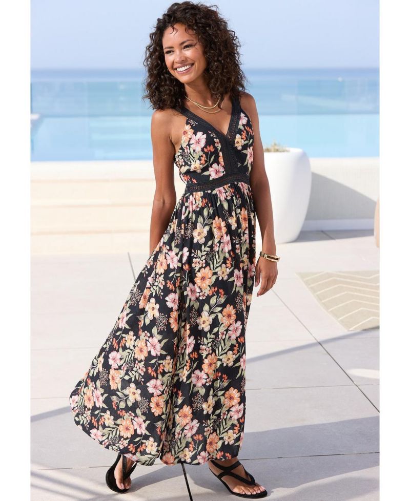 Women's Viscose Floral Print Crochet Detail A-Line V-Neck Maxi Dress