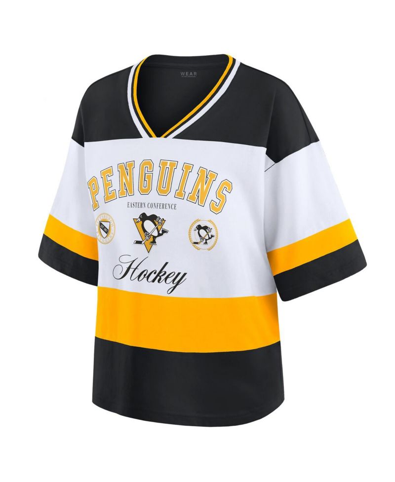 Women's Black/White Pittsburgh Penguins Football T-Shirt