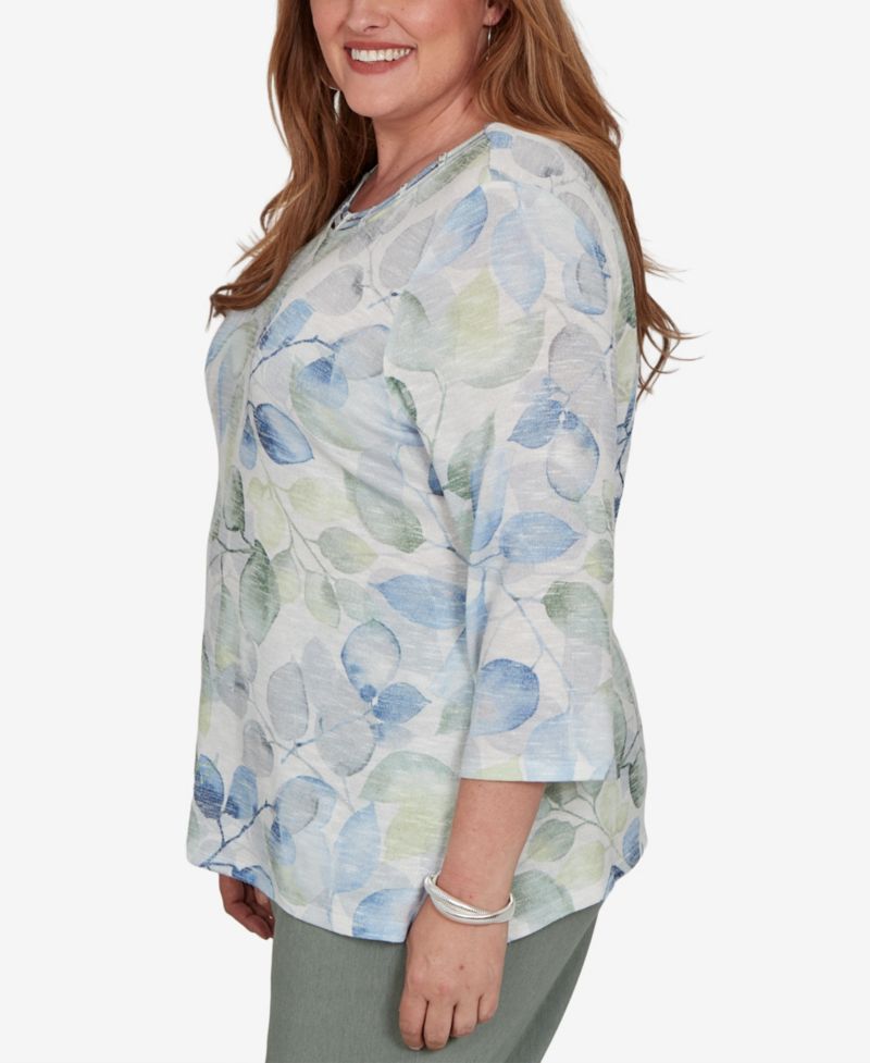 Plus Size Provence 3/4-Sleeve Watercolor Leaf Print T-Shirt