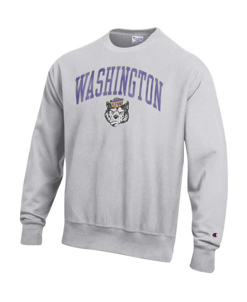 Men's Gray Washington Huskies Distressed Arch Over Logo Reverse Weave Crew Neck Sweatshirt