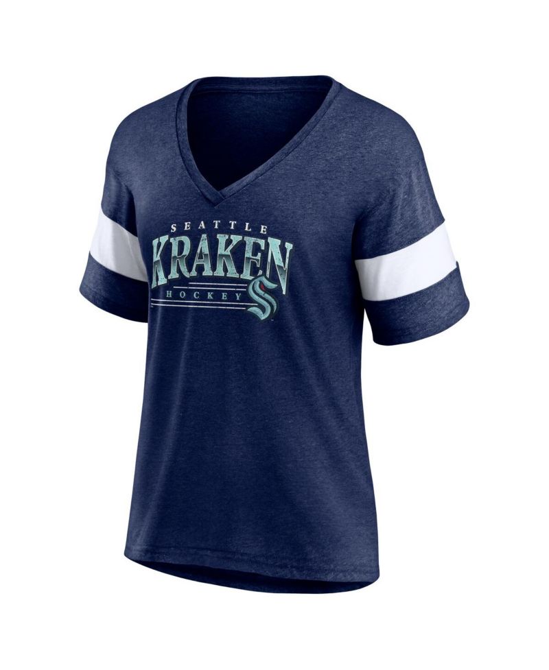 Women's Heather Deep Sea Blue Seattle Kraken Clapper V-Neck Half-Sleeve T-Shirt