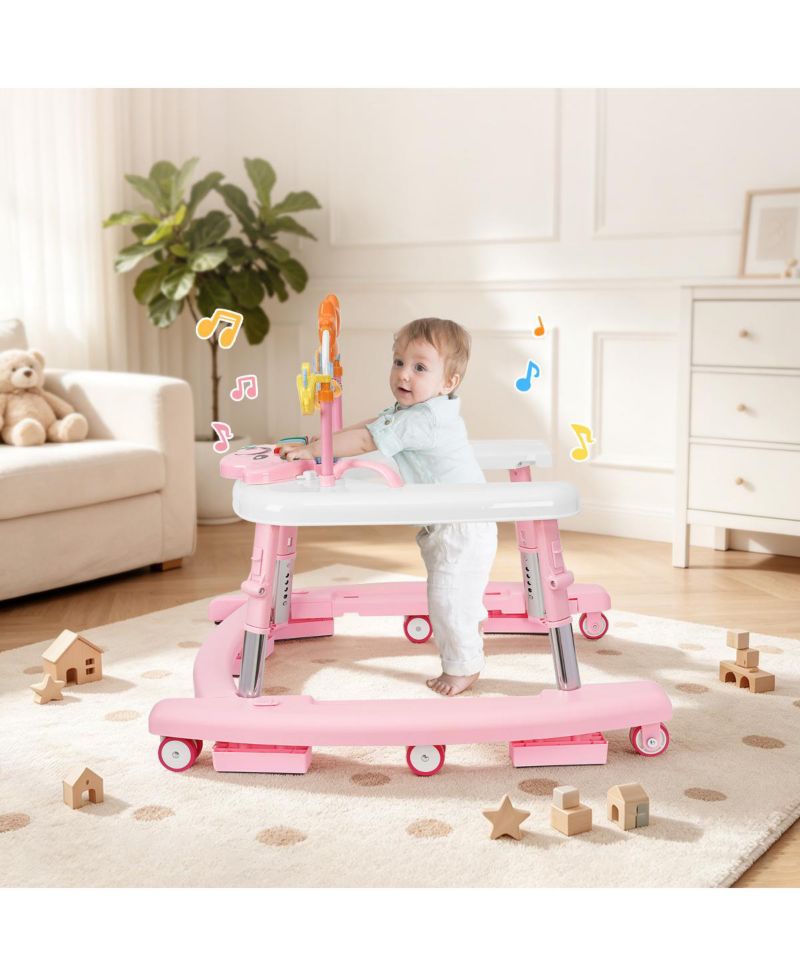 5-in-1 baby walker with adjustable height, activity panel and foldable design