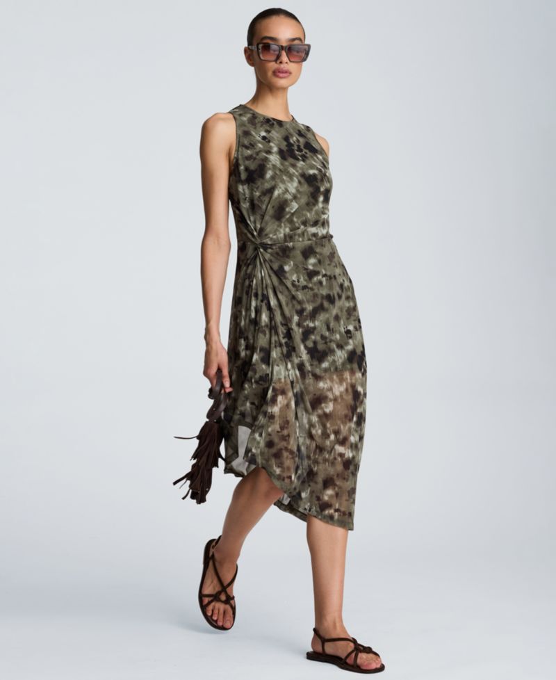 Women's Sheer Mesh Overlay Asymmetric Hem Midi Dress
