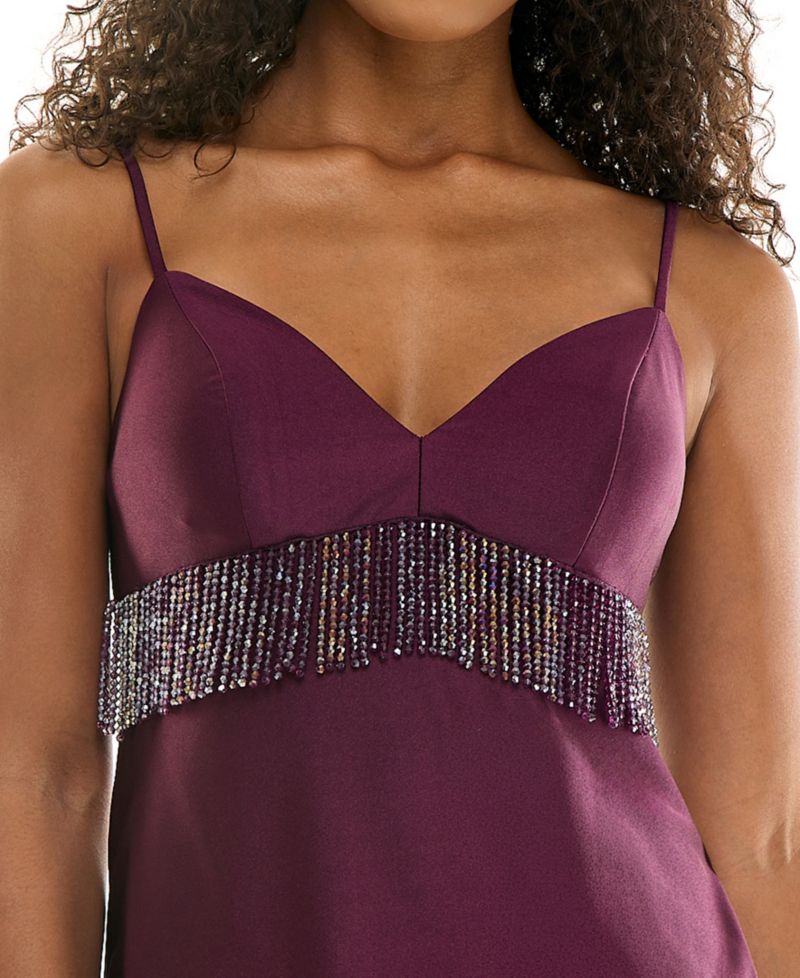Juniors' Beaded Fringe Trim Satin Short Dress