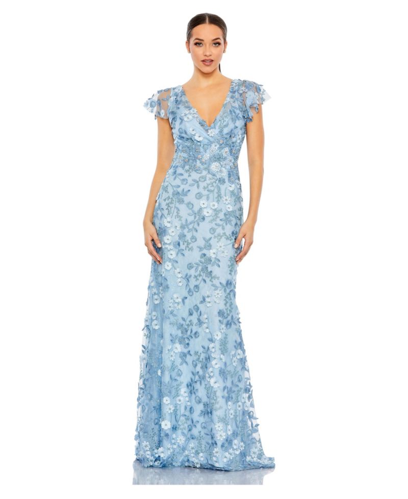 Women's Embroidered Applique Wrap Over Flutter Sleeve Gown