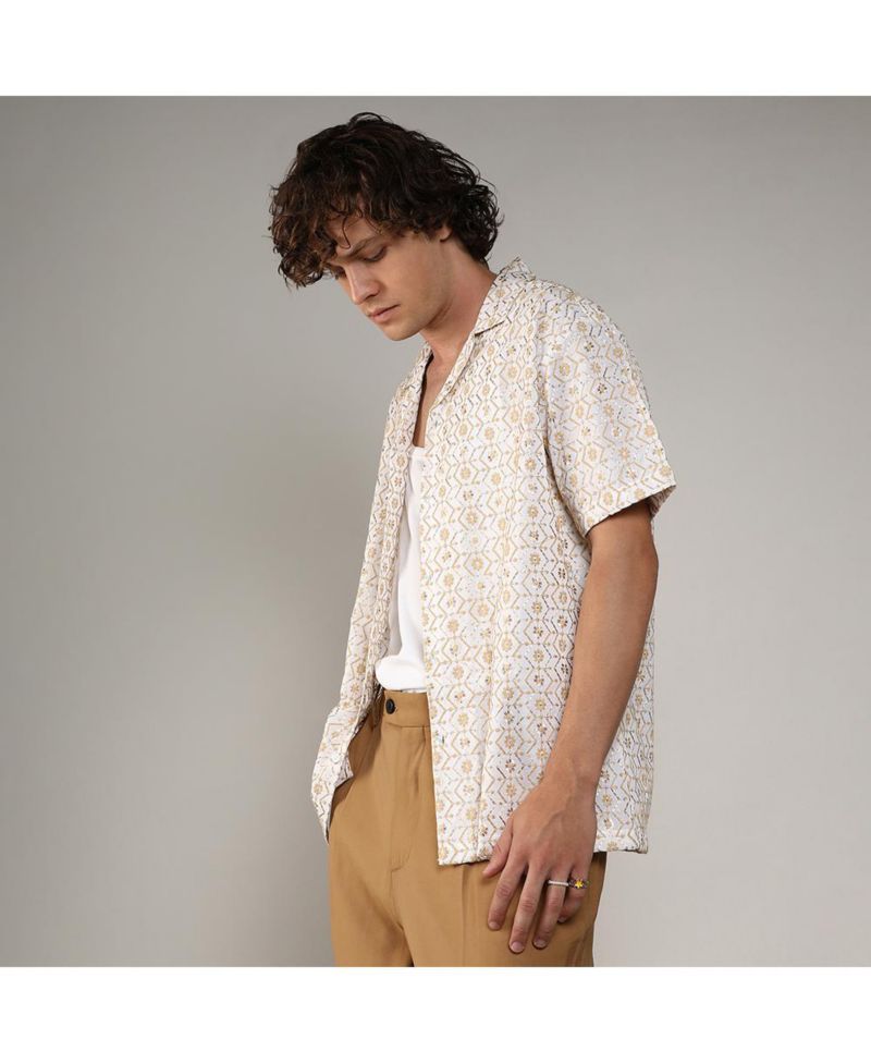 Men's Off-White & Beige Embroidered Geometric Shirt