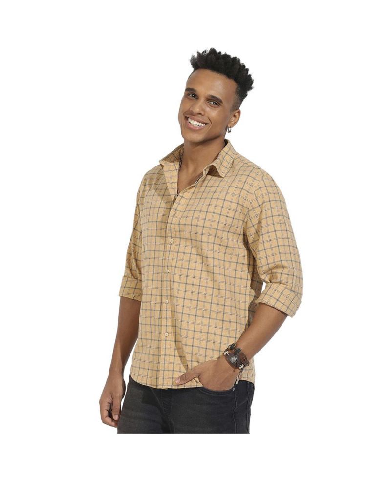 Men's Beige Contrast Tartan Plaid Shirt
