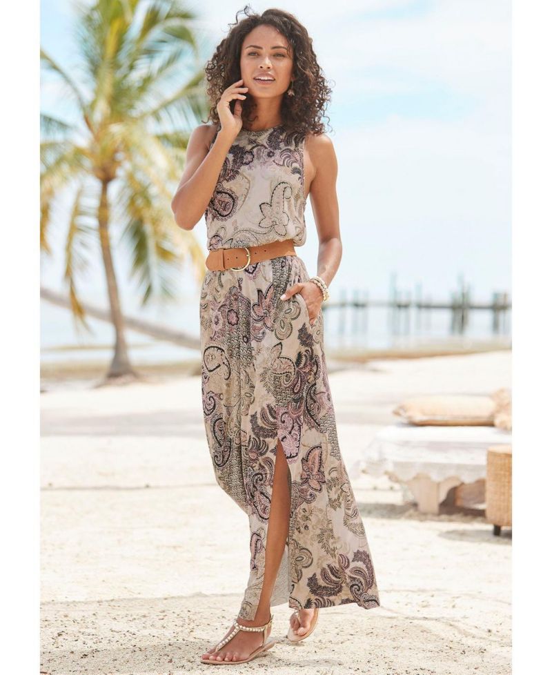 Women's Printed Side-Slit Maxi Dress with Pockets